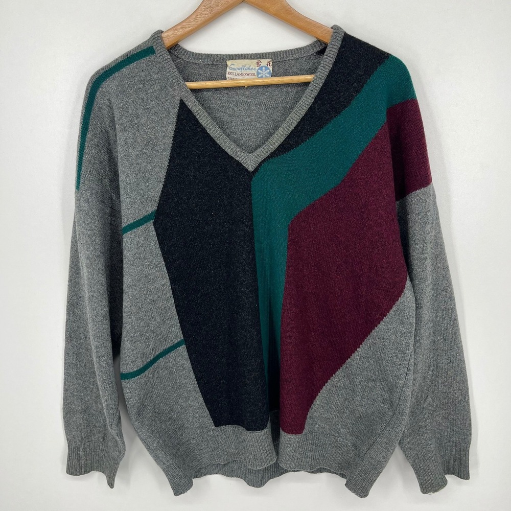 Snowflakes Mens Vintage 100% Lambswool V-Neck Colorblock Sweater Grey Size 44